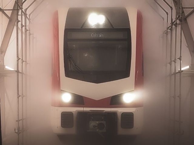 Modern train interior with testing equipment